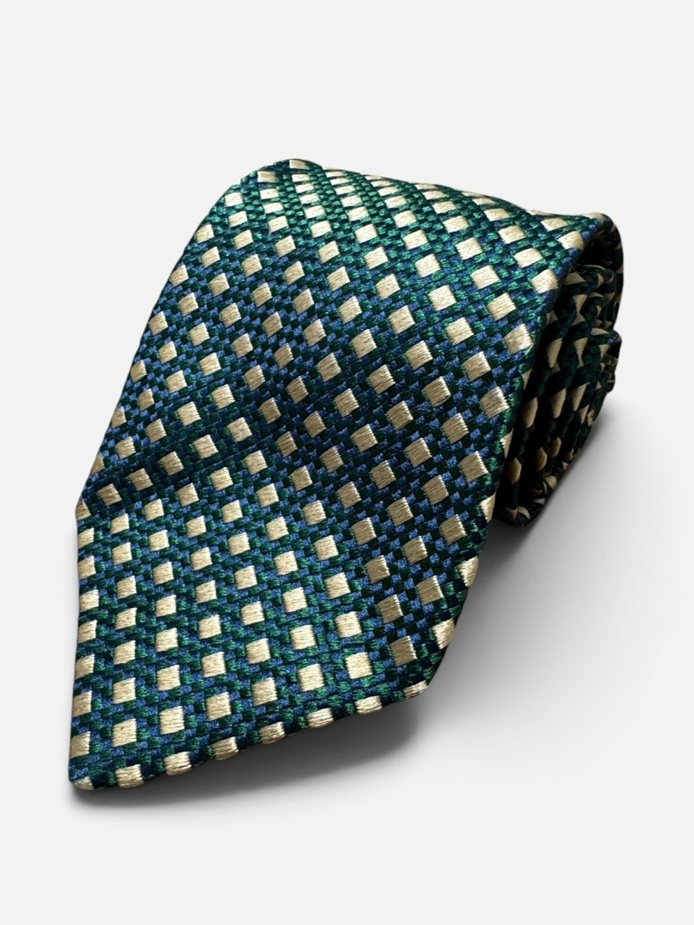 Charvet mens green gold check jacquard 100% silk neck tie EUC